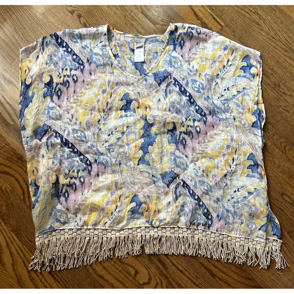 Chico's 100% Linen Perfect Poncho Cover Artsy Resortcore Coastal Size M